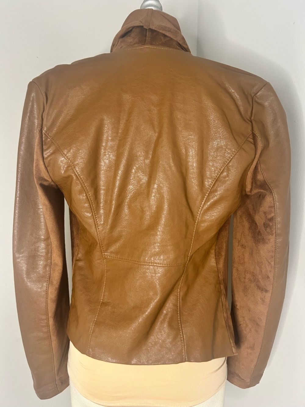 Blank NYC Faux Leather and Suede Camel Draped front Moto Jacket - Picture 8 of 14